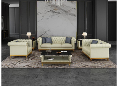 Chesterfield Set di divani in pelle 3+2+1: divano letto imbottito.