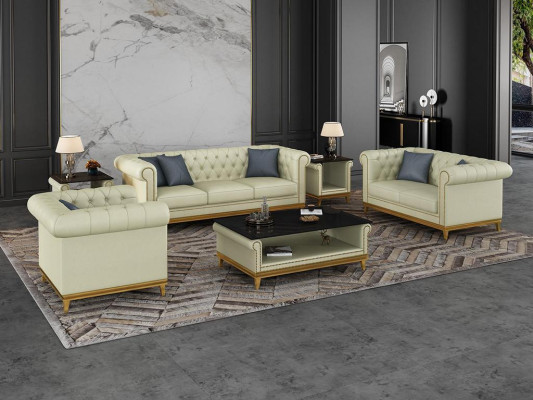Chesterfield Set di divani in pelle 3+2+1: divano letto imbottito.