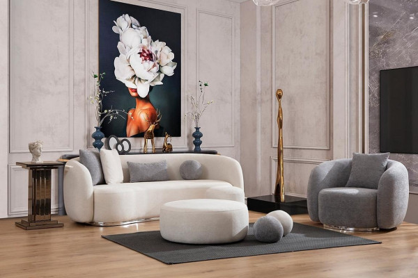 Moderno Set di divani 3 posti per soggiorno con pouf e poltrona.