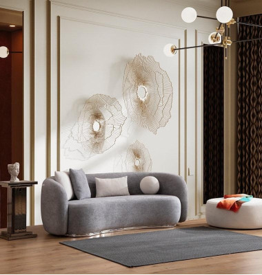 Divano a 4 posti in tessuto grigio, design moderno, divano imbottito in tessuto.