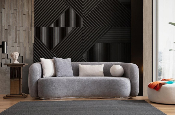 Divano a 4 posti in tessuto grigio, design moderno, divano imbottito in tessuto.