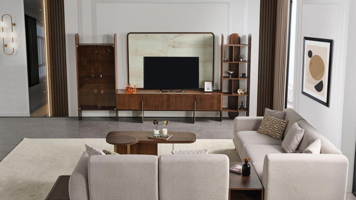 6 pezzi Set salotto di Braun, parete attrezzata + tavolino da salotto e tavolino ausiliario nuovo