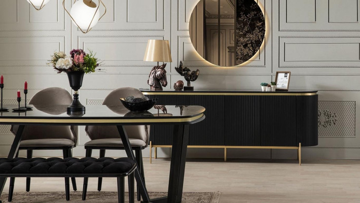 Moderno set da pranzo da 8 pezzi, tavolo da pranzo 4 sedie credenza specchio panca nuovo