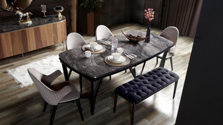 Elegante set da pranzo composto da 8 pezzi Tavolo da pranzo 4x sedie Credenza Specchio Panca nuovo