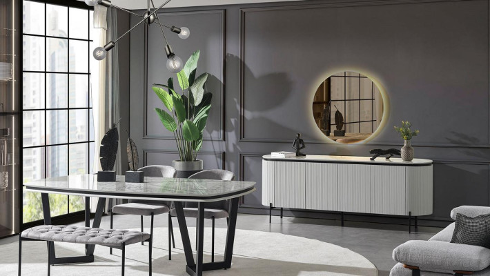 Set da pranzo moderno composto da tavolo da pranzo, 4 sedie e credenza con specchio