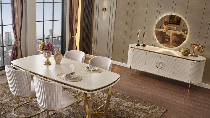 Sala da pranzo set composto da tavolo da pranzo design 4 sedie e credenza 7 pezzi.