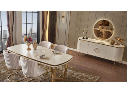 Sala da pranzo set composto da tavolo da pranzo design 4 sedie e credenza 7 pezzi.