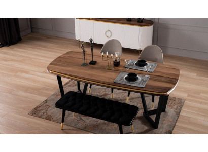 Set da pranzo composto da tavolo da pranzo + 4 sedie e panca di colore marrone, 6 pezzi.