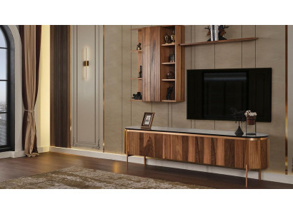 Set perfetto per il soggiorno composto da mobile TV marrone e armadio a muro.
