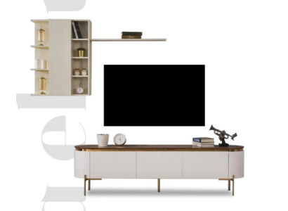 Set soggiorno composto da mobile TV basso e pensile con elementi dorati.