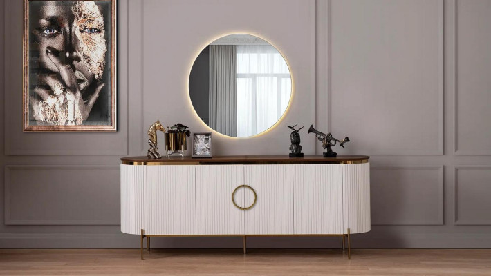 Sala da pranzo Set composto da credenza e specchio Beige con elementi dorati.