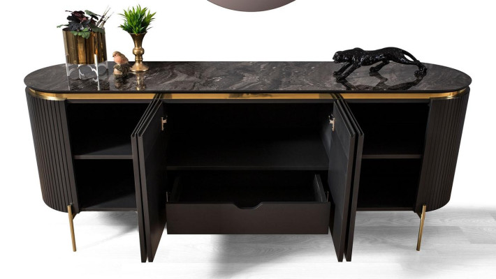 Set da pranzo moderno composto da credenza nera e specchio 2 pezzi.