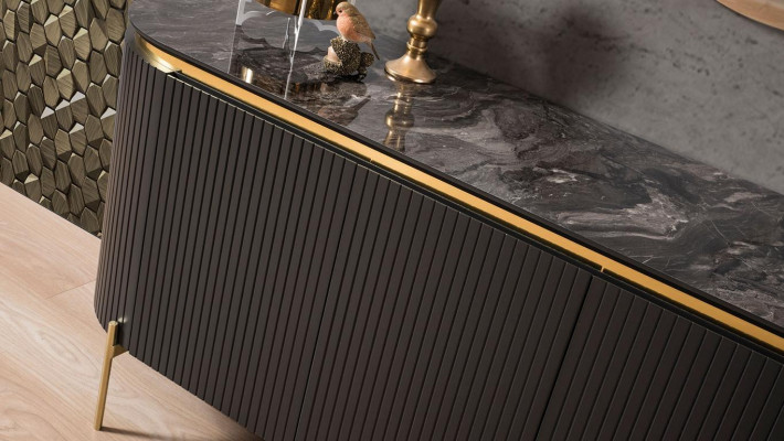 Set da pranzo moderno composto da credenza nera e specchio 2 pezzi.