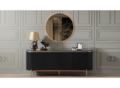 Set da pranzo composto da credenza di lusso nera e specchio.   Set da pranzo composto da credenza di lusso nera e specchio.