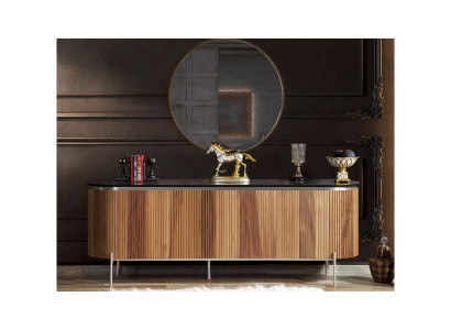 Lussuoso set da sala da pranzo moderno composto da credenza nera e specchio.