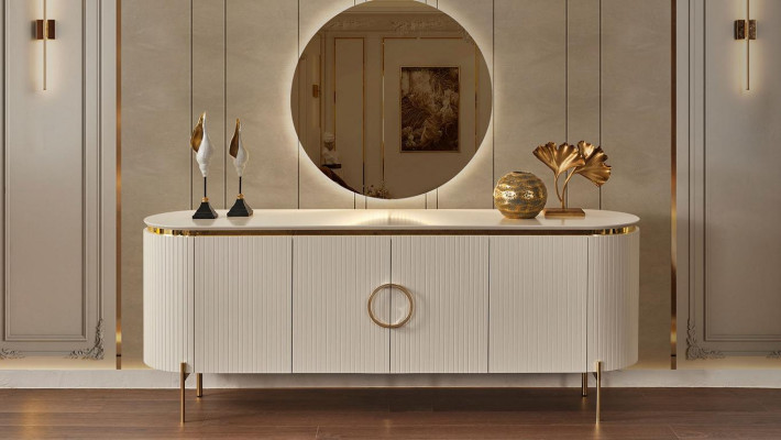 Si compone di un set da sala da pranzo che include un mobile color beige e uno specchio.