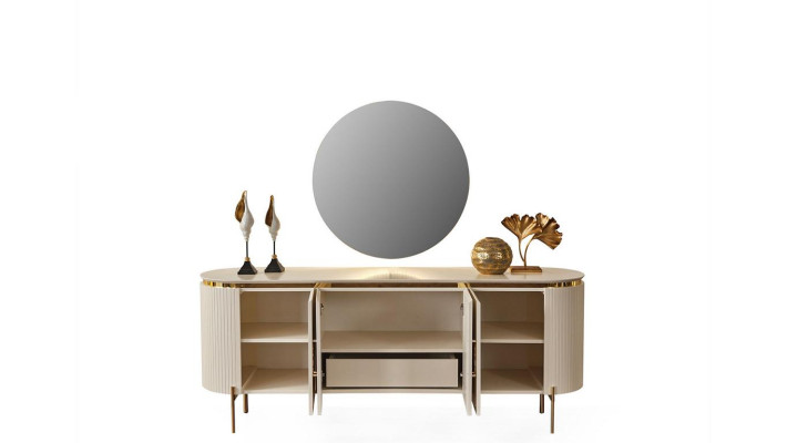 Si compone di un set da sala da pranzo che include un mobile color beige e uno specchio.