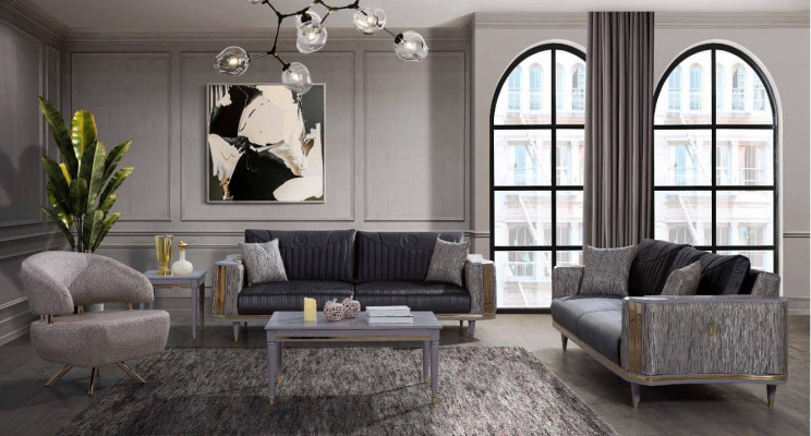 Soggiorno grigio, set di divani di design, divani di lusso, tavolino da salotto, tavolino da appendere.