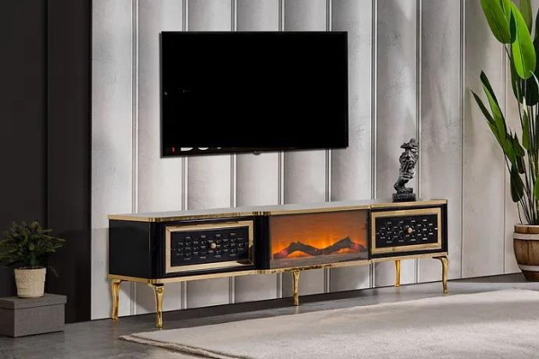 Mobile porta TV cassettiera nera in stile caminetto di imitazione. Mobili eleganti per il soggiorno.