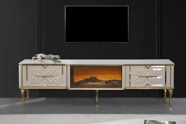 Credenza soggiorno bianco + oro camino lusso mobile basso RTV esclusivo
