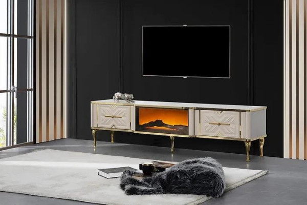 Credenza soggiorno bianco + oro camino lusso mobile basso RTV esclusivo