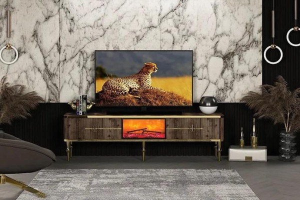 Mobile TV per il soggiorno Lussuoso in MDF marrone scuro + metallo dorato nuovo.