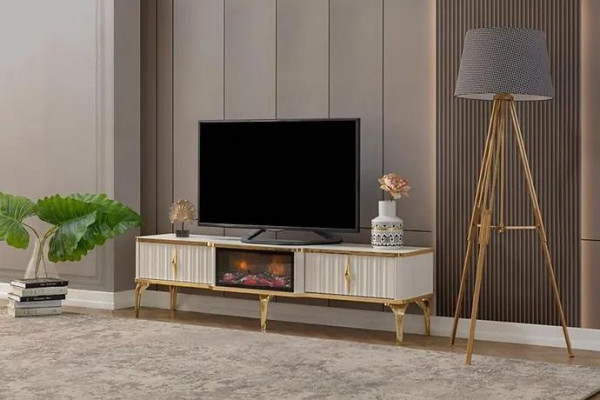 Soggiorno Mobile TV basso bianco + oro, mobile tv in MDF e metallo di lusso nuovo.