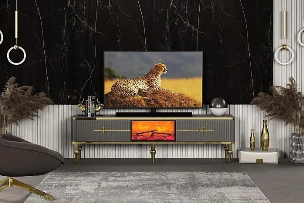 Soggiorno mobile TV grigio con camino RTV, credenza in metallo + MDF Esclusivo  Salotto mobile TV grigio con camino RTV, credenza in metallo + MDF Esclusivo