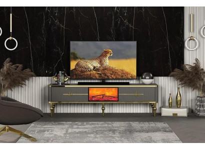 Soggiorno mobile TV grigio con camino RTV, credenza in metallo + MDF Esclusivo  Salotto mobile TV grigio con camino RTV, credenza in metallo + MDF Esclusivo