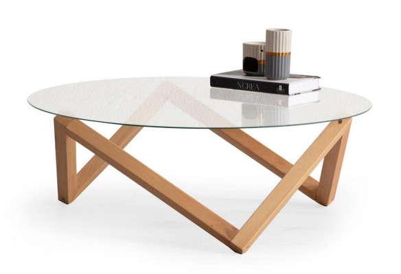 Tavolino da salotto moderno, piano del tavolo in vetro rotondo, gambe in legno per il soggiorno.   Tavolino da salotto moderno, piano del tavolo in vetro rotondo, gambe in legno per il soggiorno.