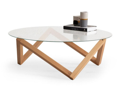 Tavolino da salotto moderno, piano del tavolo in vetro rotondo, gambe in legno per il soggiorno.   Tavolino da salotto moderno, piano del tavolo in vetro rotondo, gambe in legno per il soggiorno.