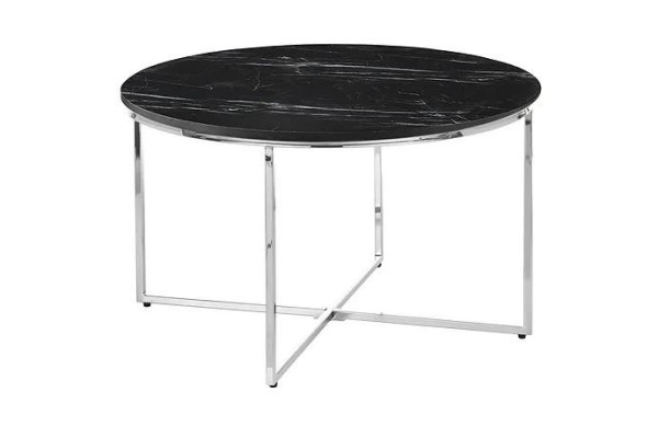 Tavolino rotondo per il soggiorno Nero MDF + Gambe X in metallo nuovo di lusso.   Tavolino rotondo per il soggiorno nero in MDF + gambe X in metallo di lusso.