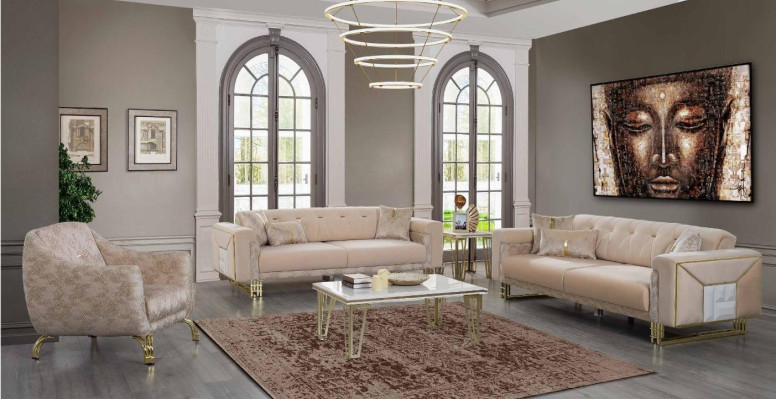 Set completo beige per il salotto: divani, poltrona di lusso, tavolino.