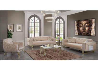 Set completo beige per il salotto: divani, poltrona di lusso, tavolino.