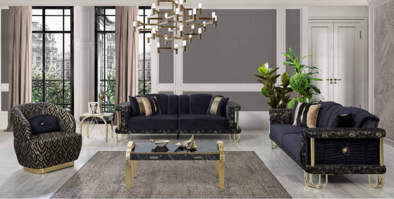 Divano nero completo con 2 divani da tre posti e poltrona imbottita, mobili moderni per sedersi.