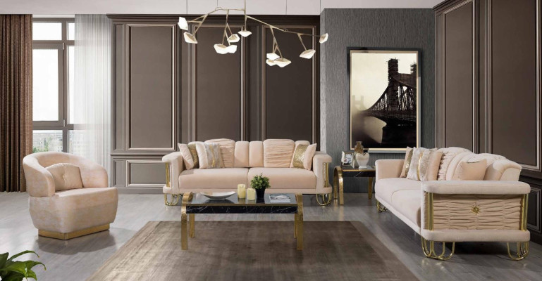 Moderno set di divani beige 3+3+1 posti con poltrona design per mobili.