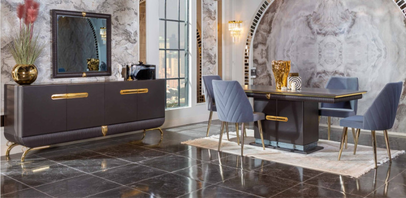 Sala da pranzo in acciaio inossidabile Set da tavola con tavolo da pranzo di design, 4 sedie, credenza 7 pezzi.   Sala da pranzo in acciaio inossidabile, set da tavola con tavolo da pranzo di design, 4 sedie, credenza 7 pezzi.