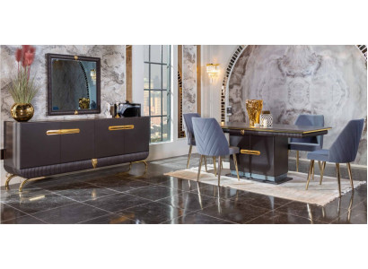 Sala da pranzo in acciaio inossidabile Set da tavola con tavolo da pranzo di design, 4 sedie, credenza 7 pezzi.   Sala da pranzo in acciaio inossidabile, set da tavola con tavolo da pranzo di design, 4 sedie, credenza 7 pezzi.