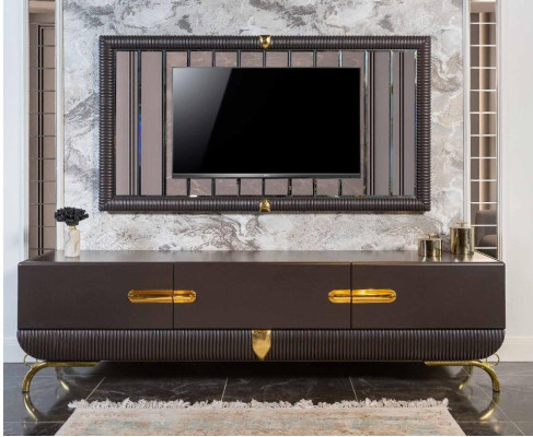 Mobile TV marrone per il soggiorno, cornice TV di design, set di legno di lusso.  Mobile TV marrone per il soggiorno, cornice TV di design, set di legno di lusso.