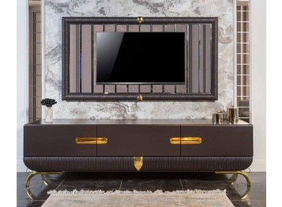 Mobile TV marrone per il soggiorno, cornice TV di design, set di legno di lusso.  Mobile TV marrone per il soggiorno, cornice TV di design, set di legno di lusso.