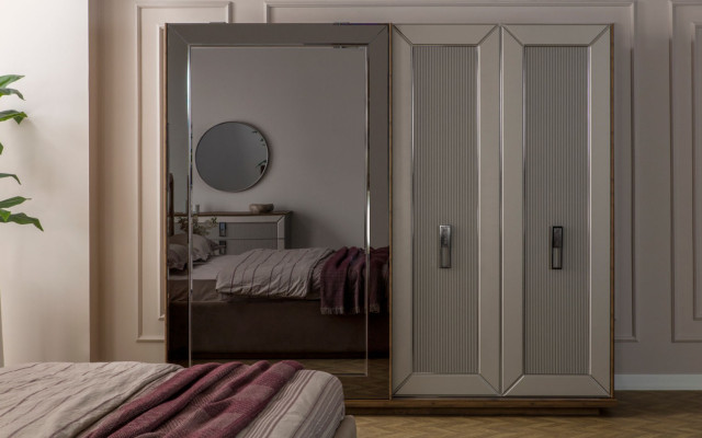 Set da camera da letto beige letto matrimoniale moderno Armadio in vetro 4 pezzi