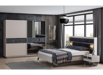 Mobili da camera da letto grigi, letto design con 2 comodini, armadio in legno 4 pezzi.