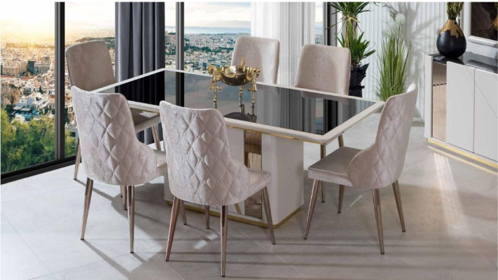 Beige set da pranzo in acciaio inossidabile, tavolo da pranzo design x6 sedie cassettiera