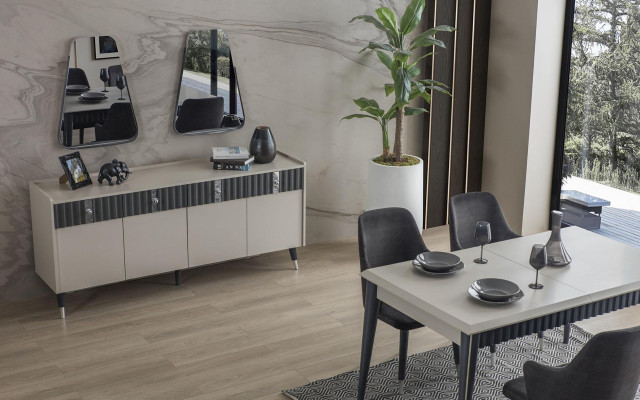 Moderne set da pranzo Tavolo rettangolare per la riunione 6 sedie Credenza 2 specchi