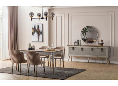Beige set da pranzo in legno rettangolare tavolo 6 sedie imbottite 7 pezzi.
