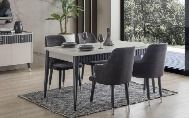 Tavolo da pranzo rettangolare bianco del designer con 6 sedie imbottite grigie set da 7 pezzi.