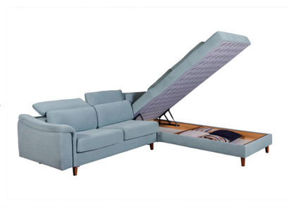 Divano angolare blu a L per il soggiorno con struttura in legno design.