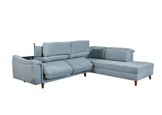 Divano angolare blu a L per il soggiorno con struttura in legno design.