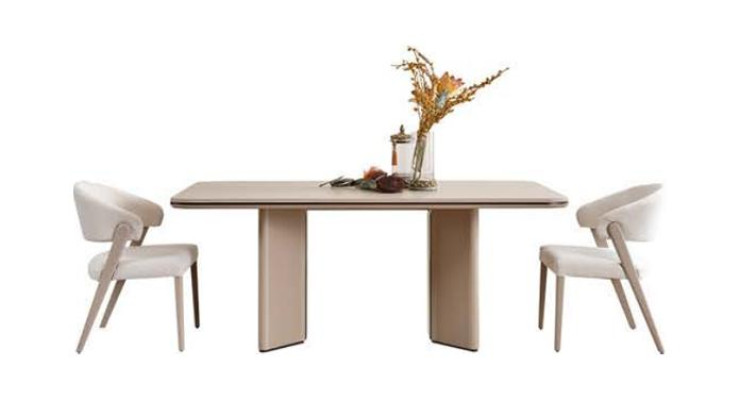 Completo set da pranzo beige per sala da pranzo, tavolo, sedie, credenza, specchio.