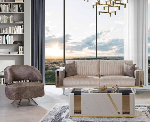 Moderno set da salotto design beige composto da divano a tre posti e poltrona, tavolino.